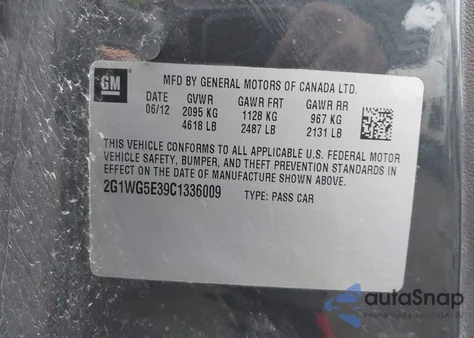 2012 Chevrolet Impala Lt from USA, damaged, VIN 2G1WG5E39C1336009